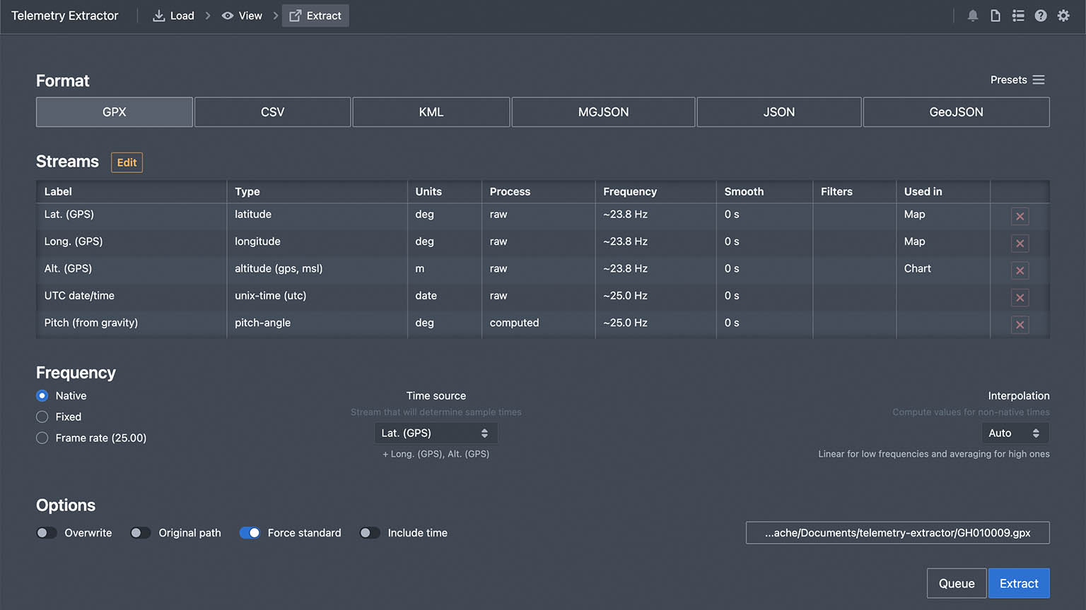 extract gopro dji insta to gpx csv kml json